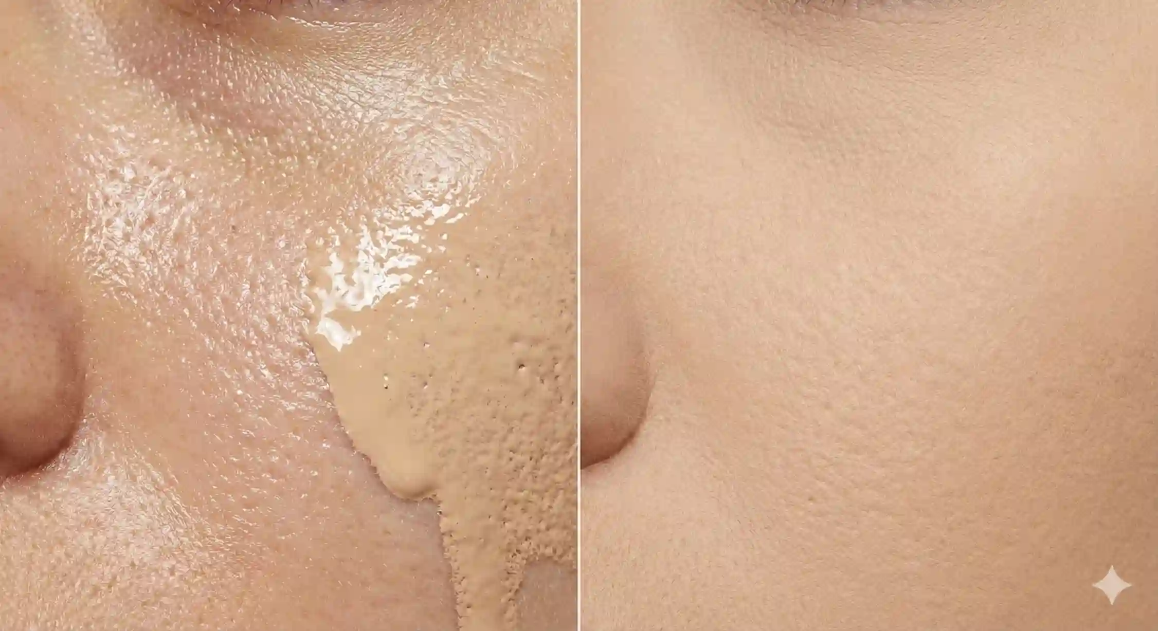 تفاوت نمای پوست چرب بدون آرایش و پوست پوشیده شده با کرم پودر مات و اویل فری.