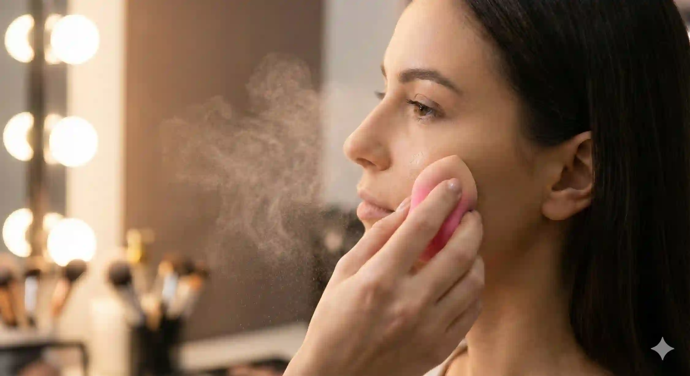 روش صحیح زدن کرم پودر روی پوست چرب با استفاده از اسفنج مرطوب و تکنیک ضربه‌ای.