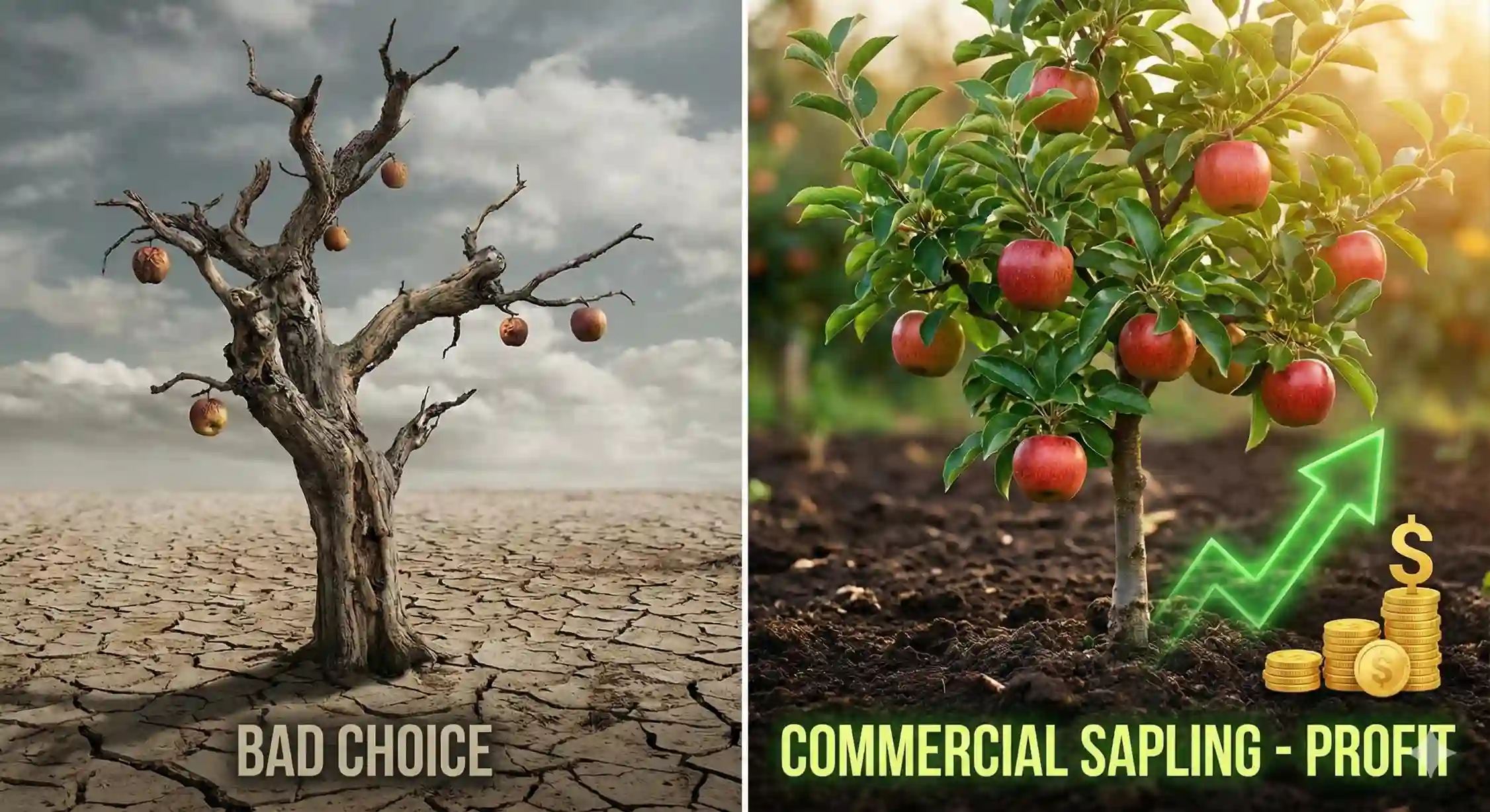 مقایسه نهال معمولی با نهال تجاری و اصلاح شده برای احداث باغ سودآور.