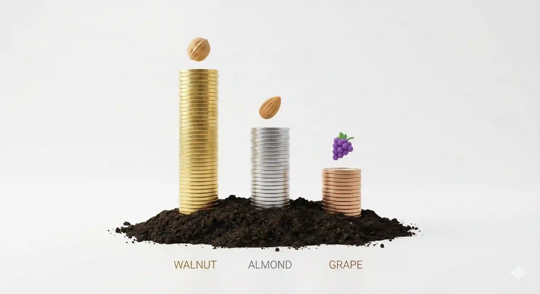 نمودار مقایسه سودآوری نهال گردو، بادام و انگور در باغداری تجاری.