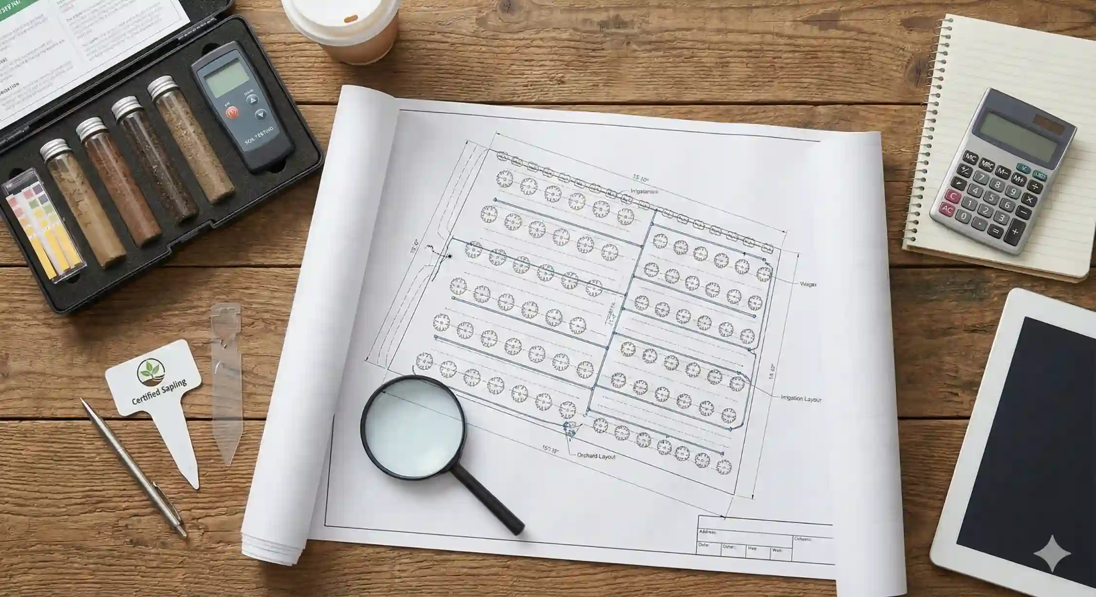 ابزارهای لازم برای بررسی سلامت نهال و آزمایش خاک قبل از احداث باغ.